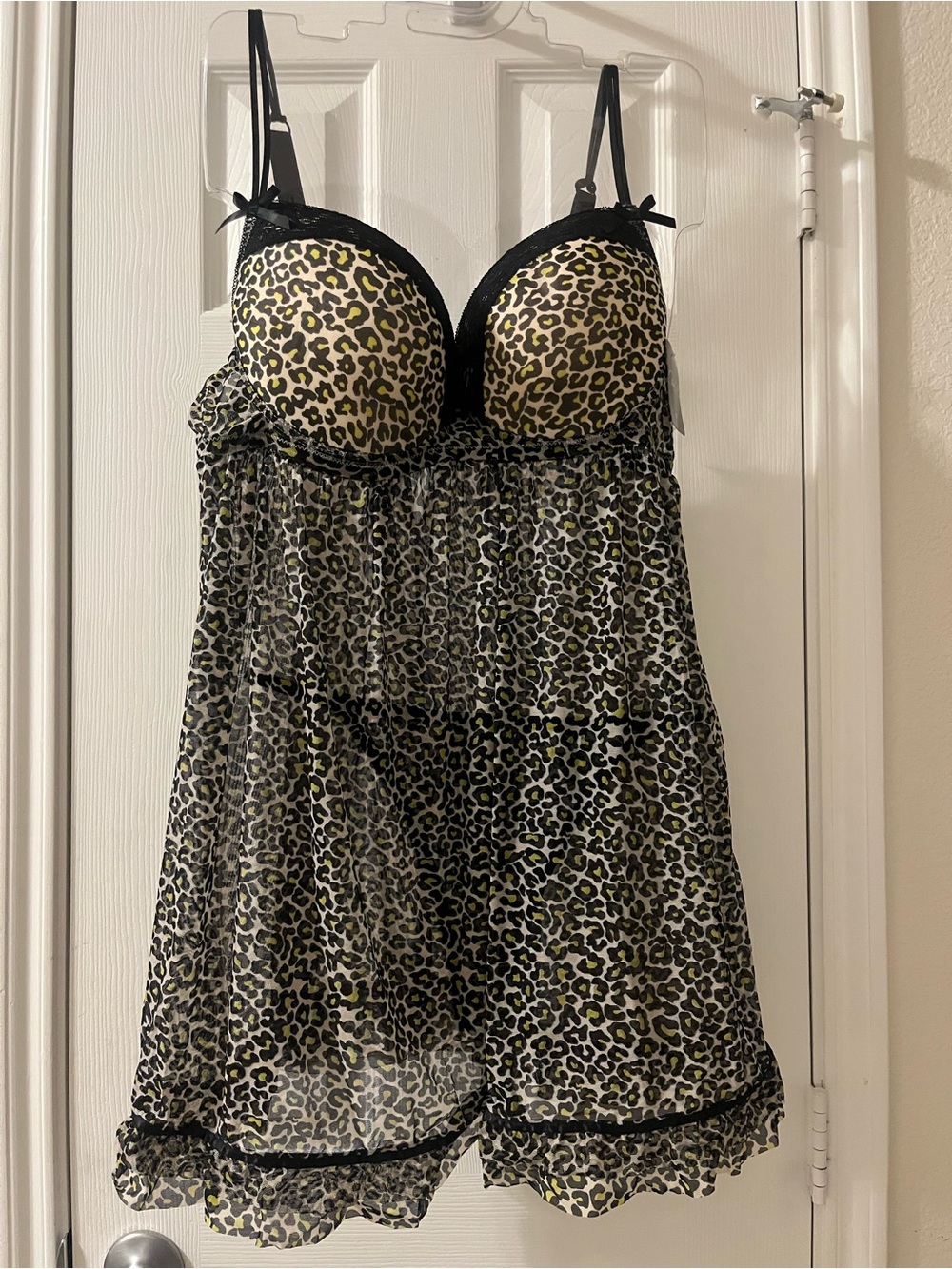 Rene Rofe Leopard Print Babydoll Chemise in Black and Olive